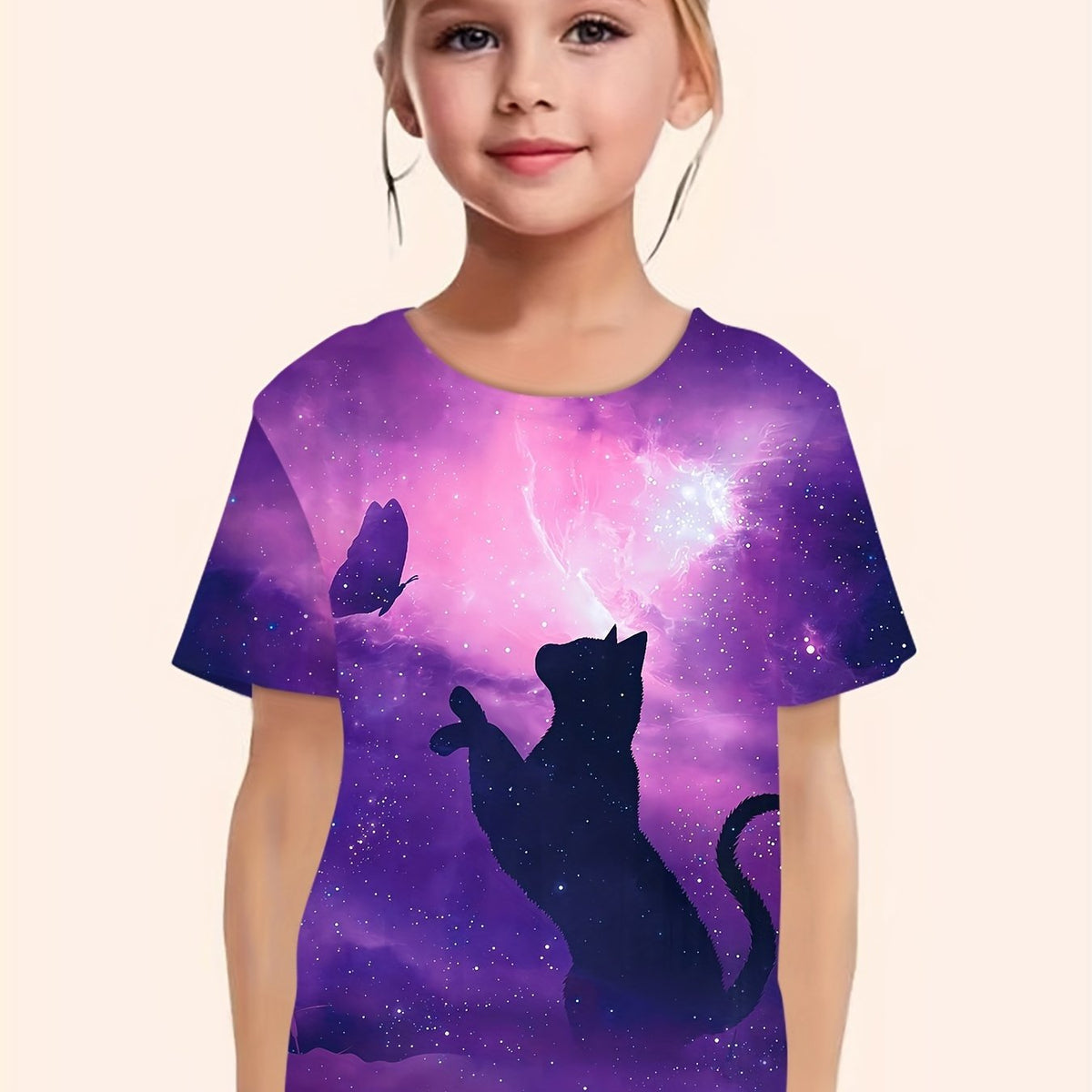 Dreamy Cat & Butterfly Graphic T-Shirt Girls Summer Clothes
