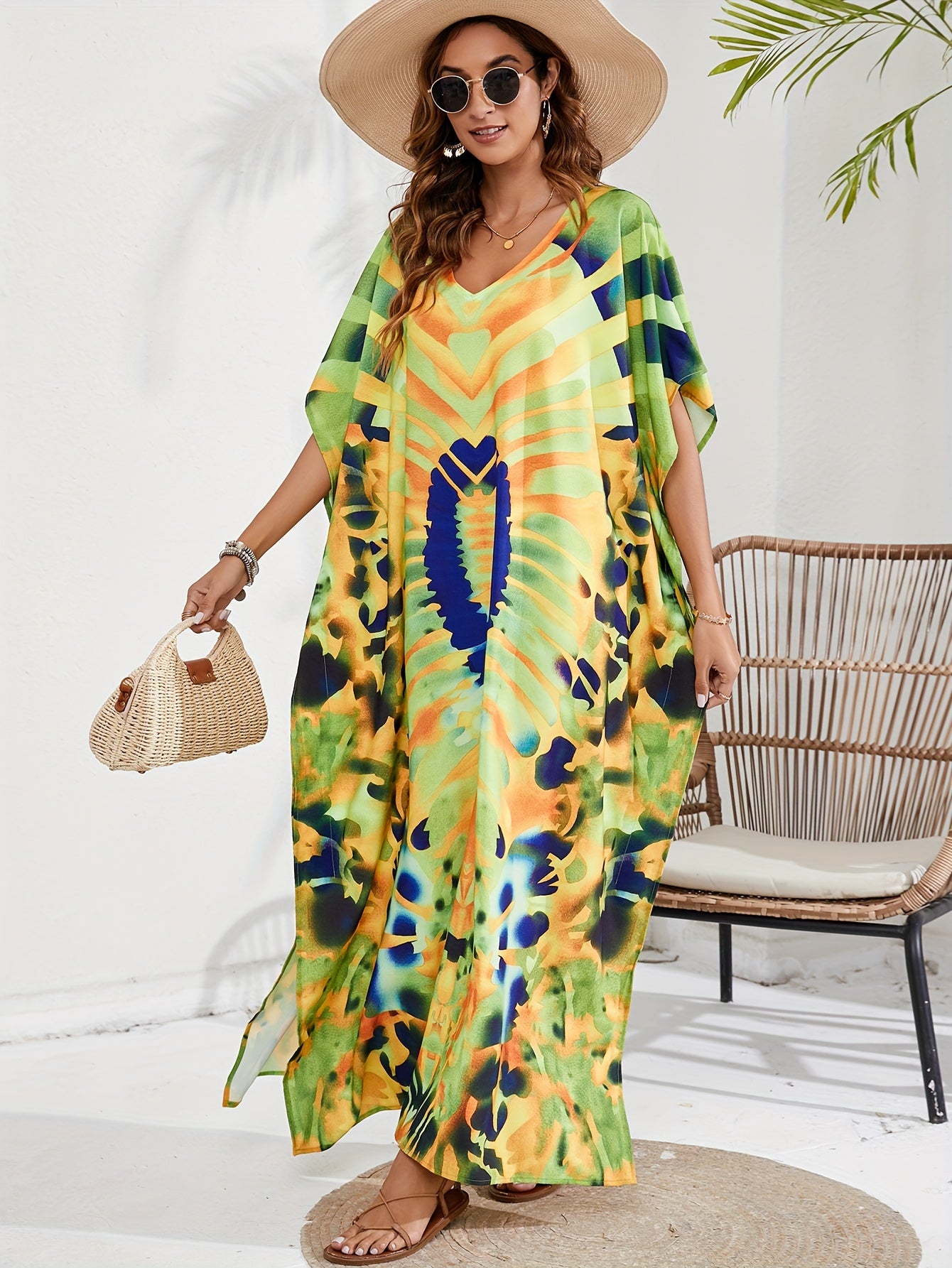  Boho Cover Up Women's Allover Print Maxi Split Dress