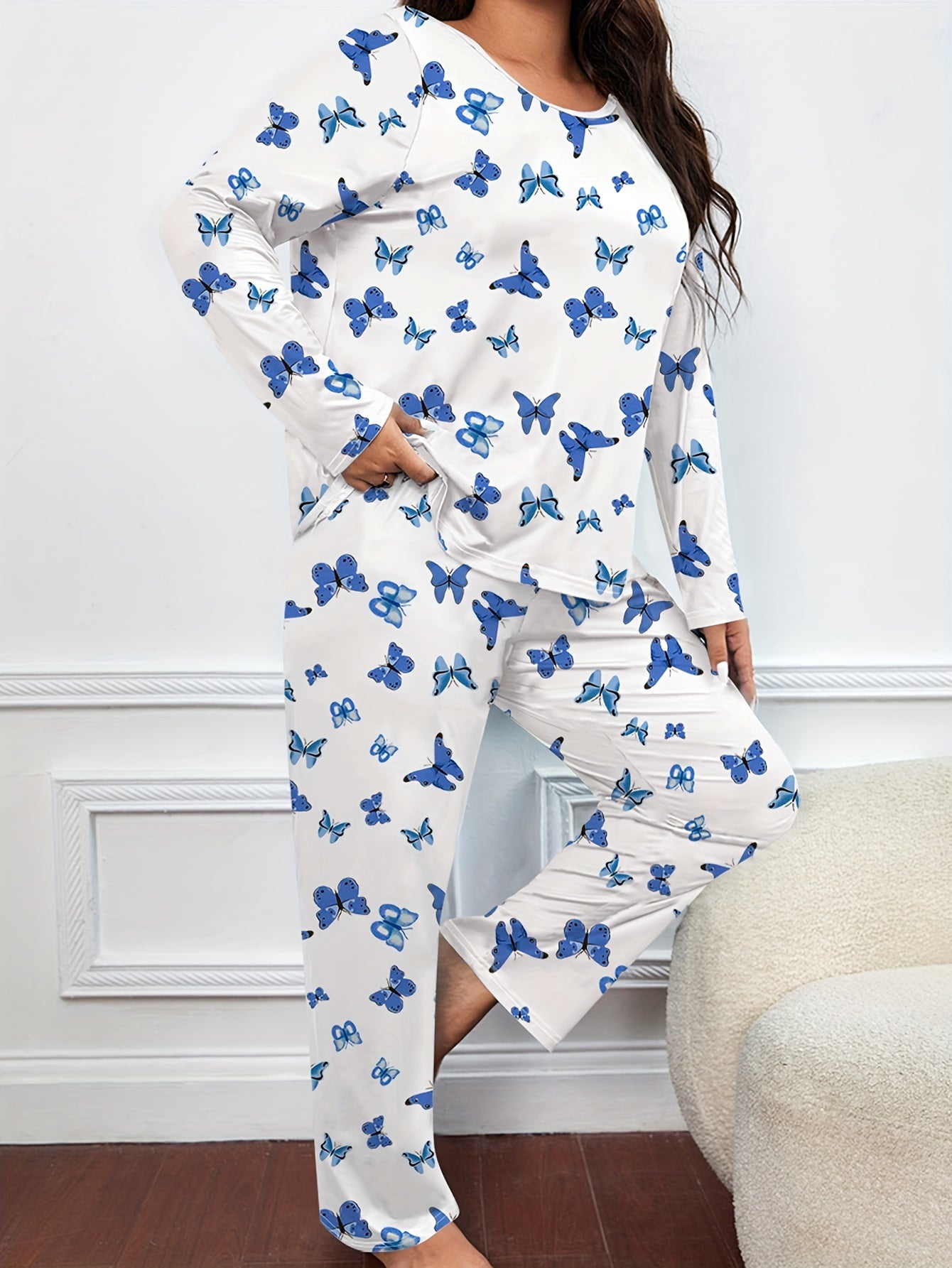  Butterfly Print Pajama Set Long Sleeve Tee & Pants Lounge 2 Piece