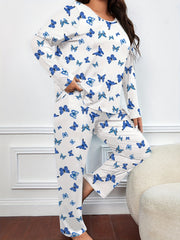  Butterfly Print Pajama Set Long Sleeve Tee & Pants Lounge 2 Piece