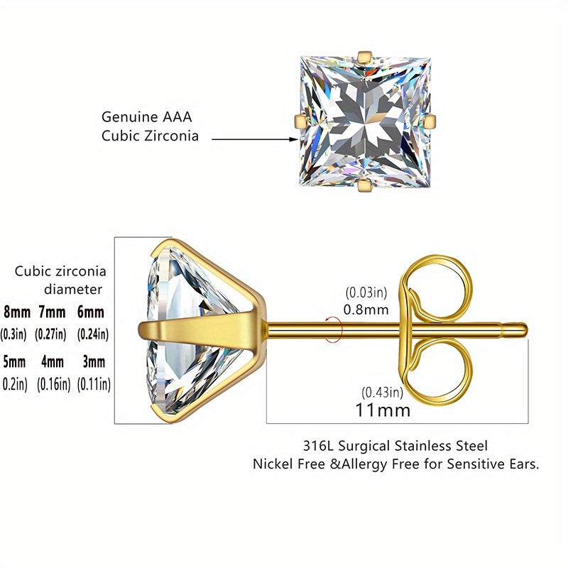 Stainless Steel Stud Earrings 14K Plated Zircon Earrings For Men