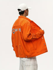 Men's Raw Trim Letter Print Denim Jacket for Spring Fall