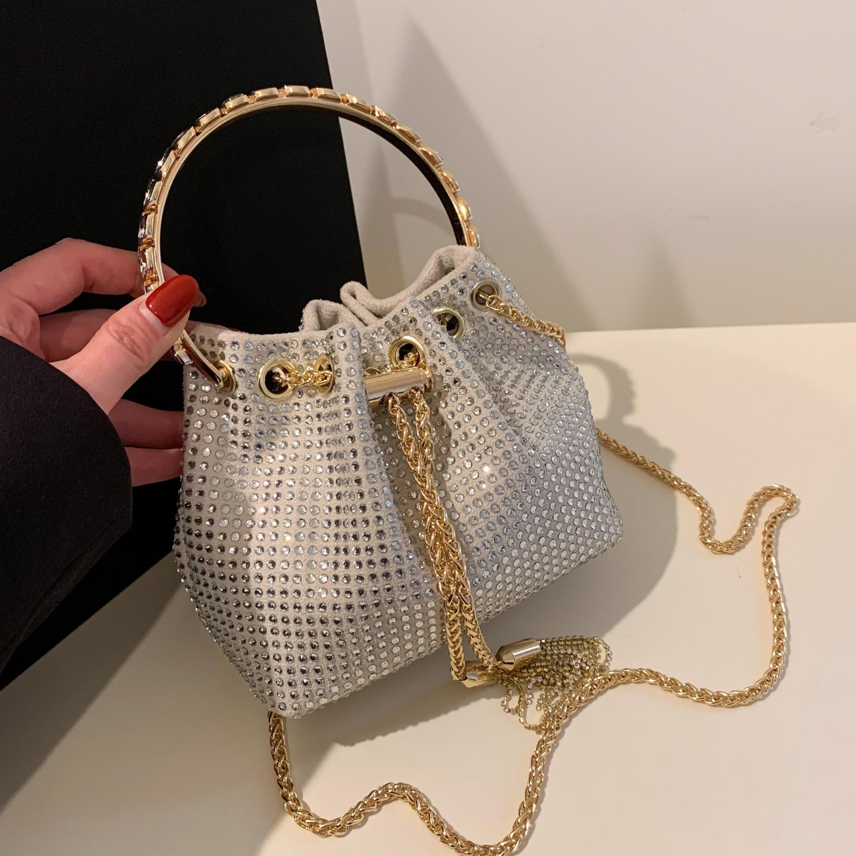 Rhinestone Bucket Bag Top Ring Clutch Purse Drawstring Crossbody Bag