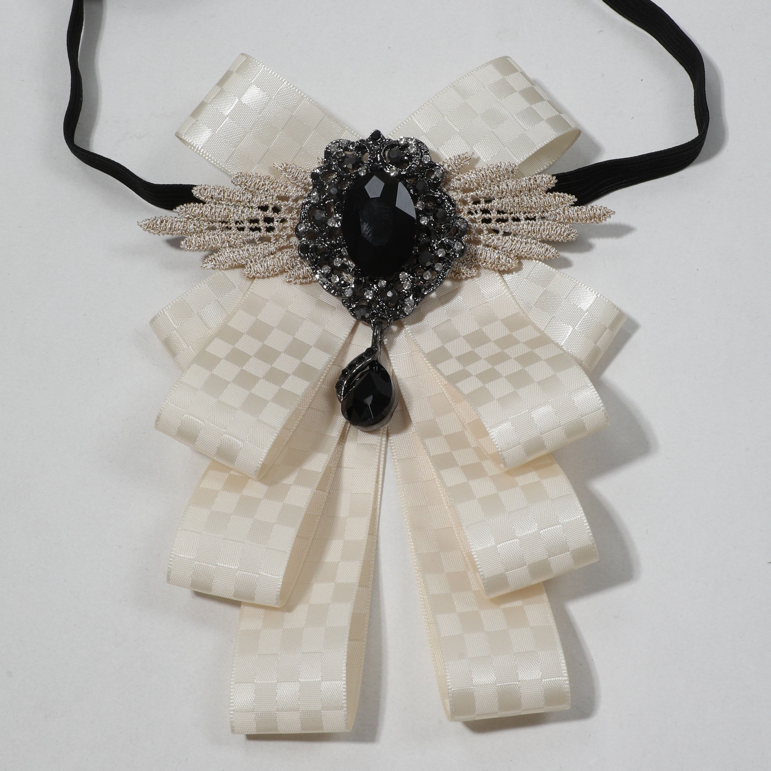 Apricot Lace Bow Tie with Plaid Pattern for Women