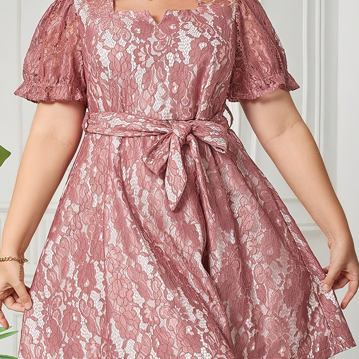  Solid Lace Puff Sleeve Mini Dress With Belt