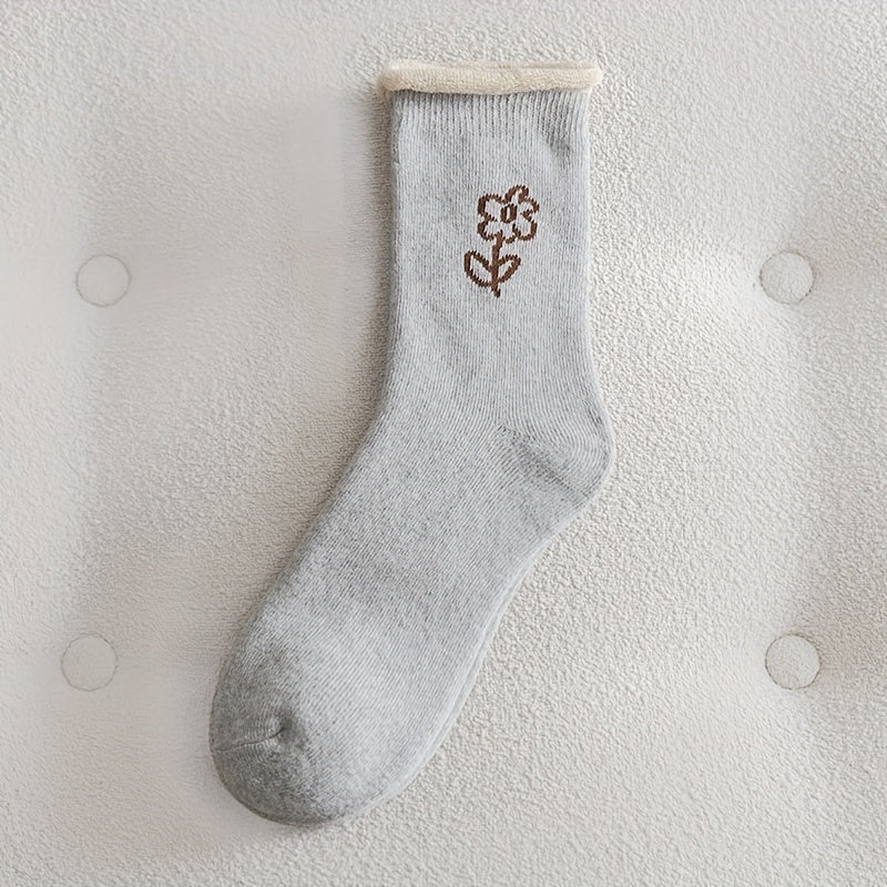 5 Pairs Floral Print Socks Comfy & Warm Mid Tube Socks Women's Stockings