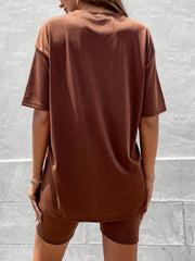 Summer Casual Coffee Brown Women's Textured Tee & Biker Shorts