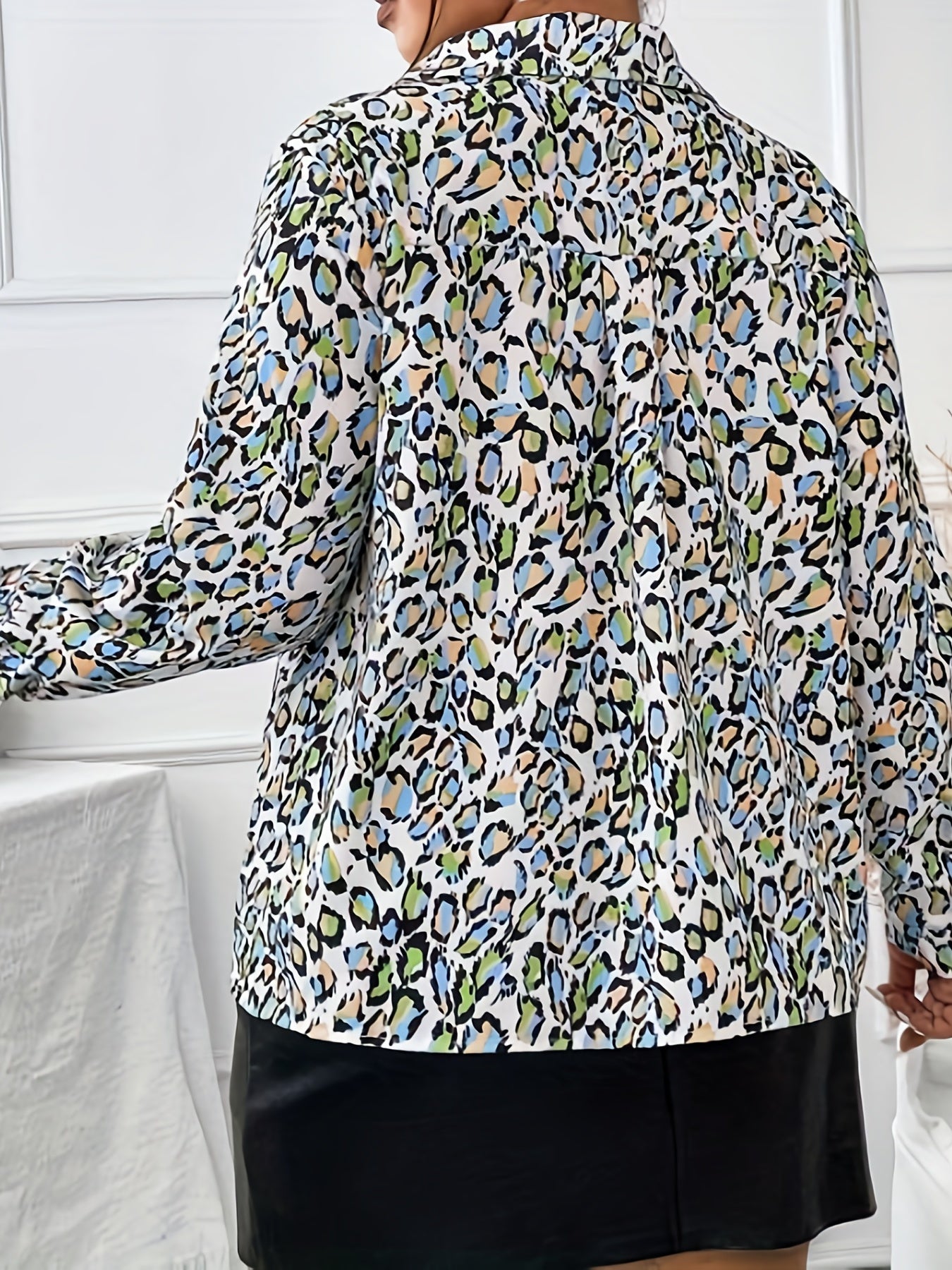  Leopard Print Retro Blouse Long Sleeve Button Up Shirt Top