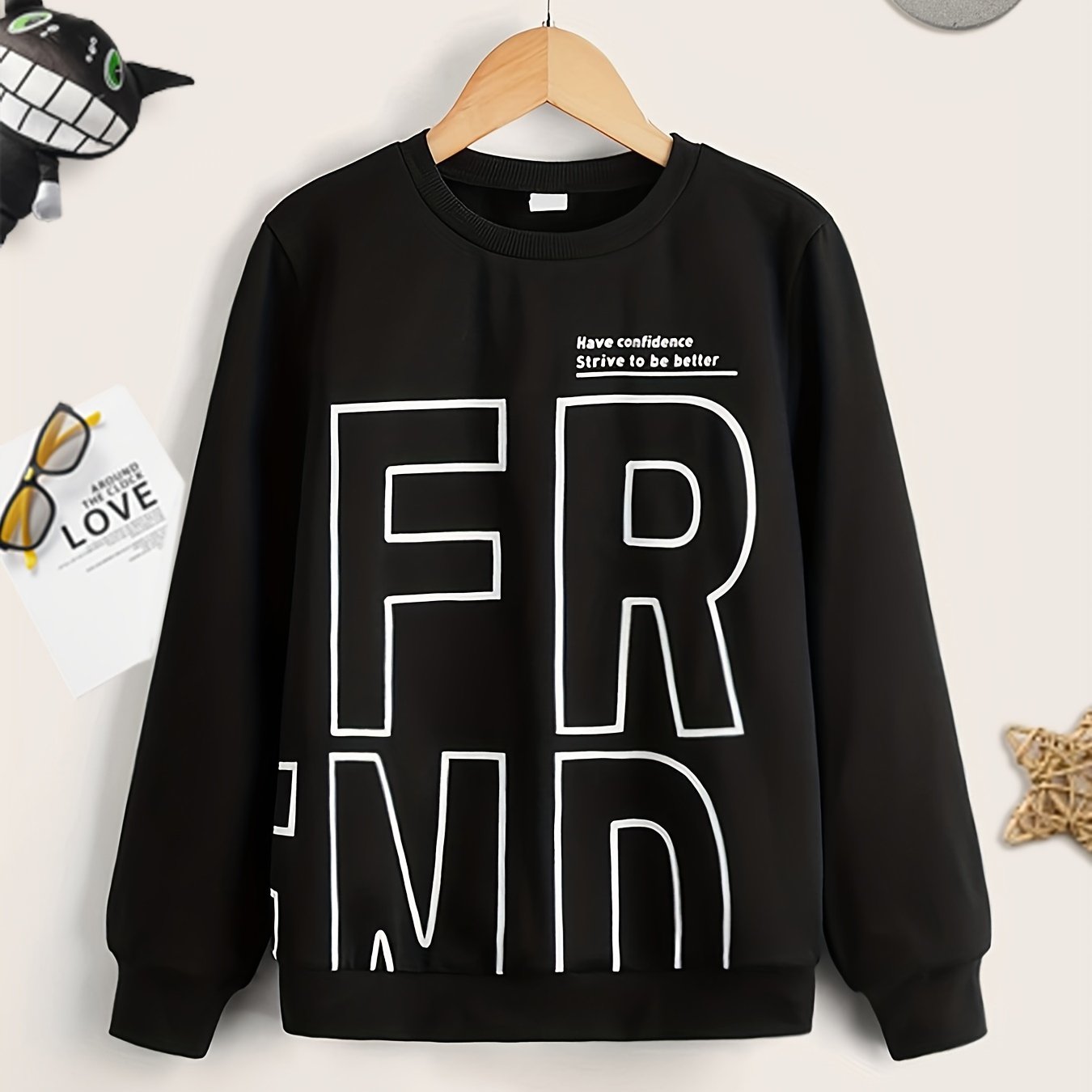Boys Letter Print Casual Sweatshirt Long Sleeve Crew Neck Tops