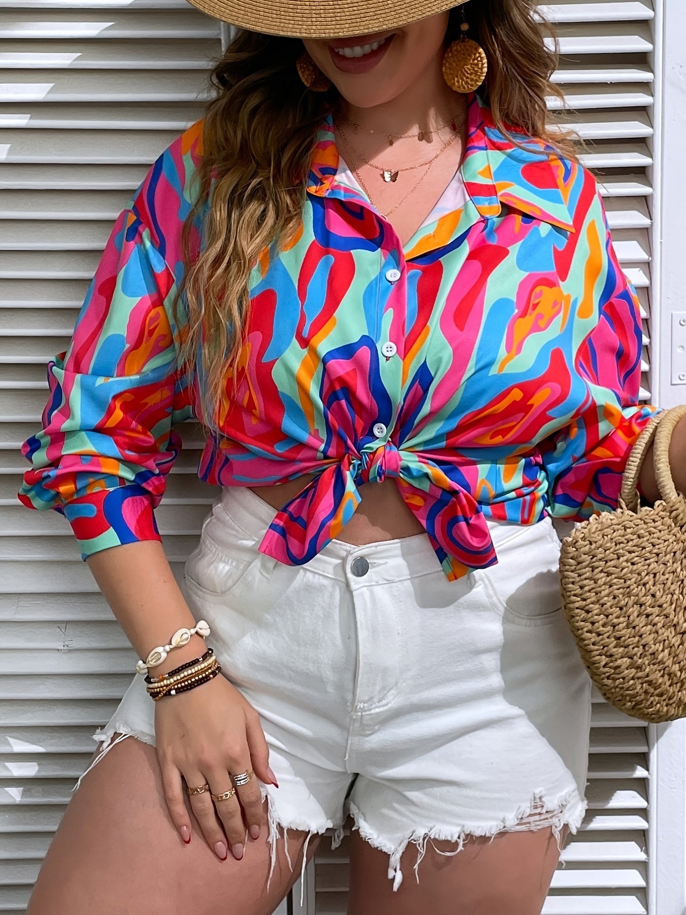  Colorblock Print Button Up Blouse