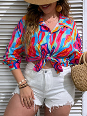  Colorblock Print Button Up Blouse