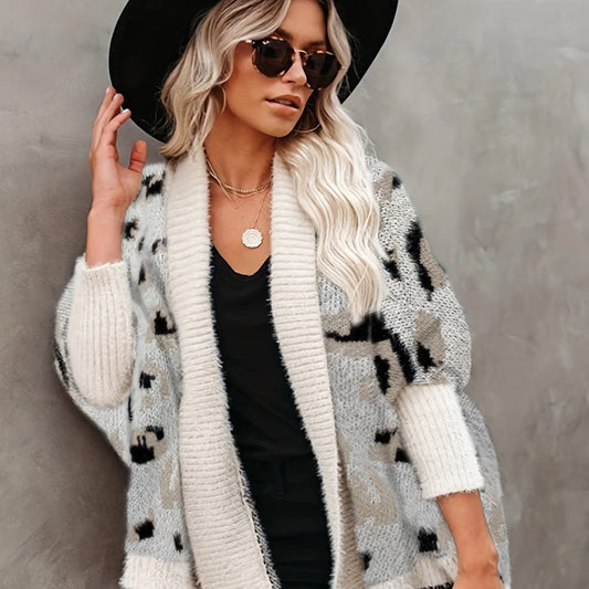  Colorblock Leopard Bat Sleeve Cardigan