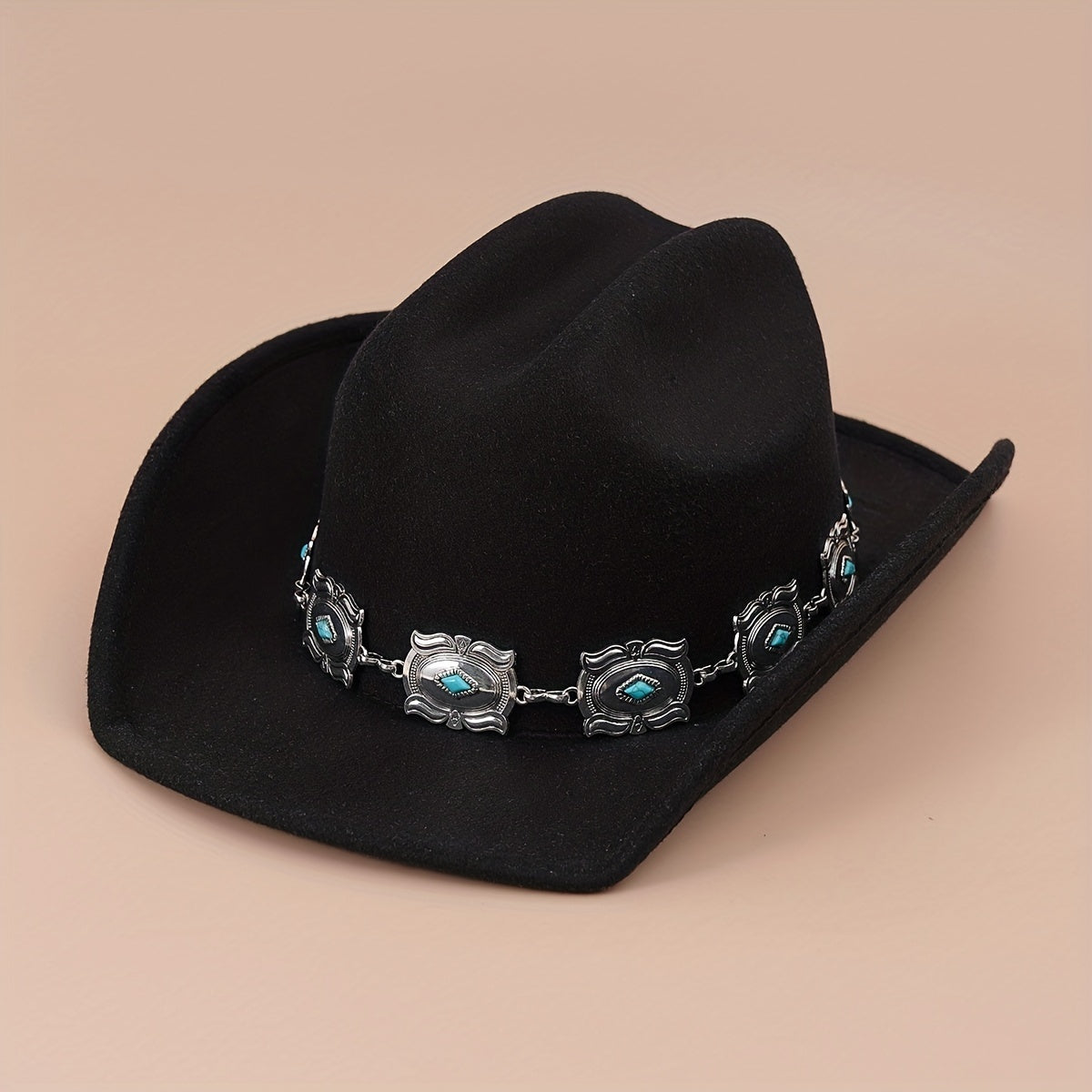 Western Cowboy Hat with Oval Stone Iron Chain Decoration