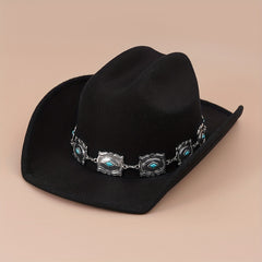 Western Cowboy Hat with Oval Stone Iron Chain Decoration