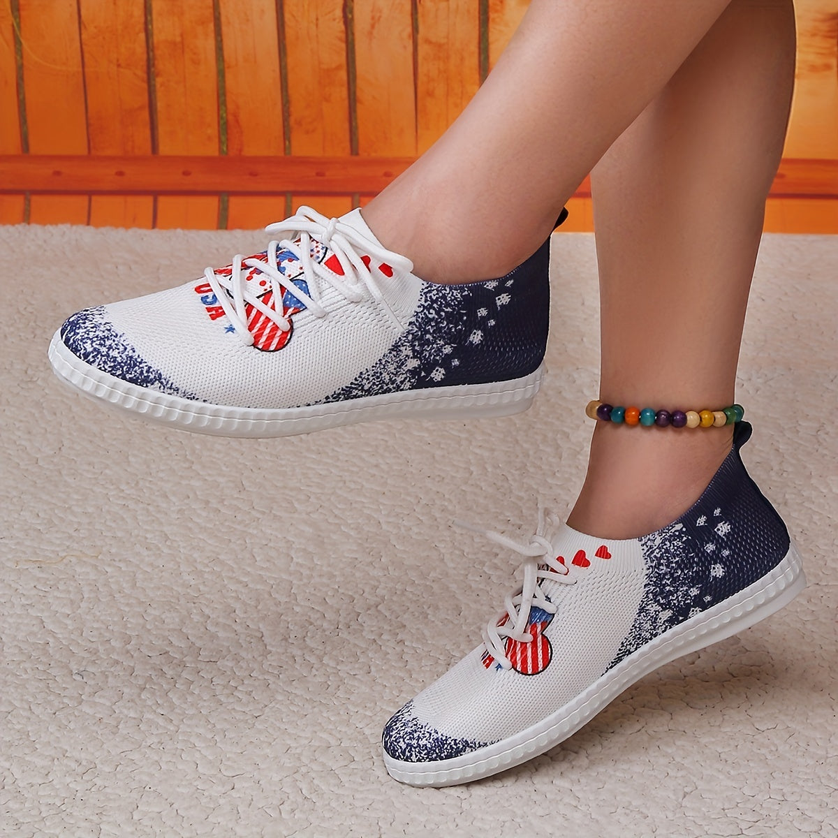 Women's Flag & Heart Pattern Sneakers Breathable Knit Lace Up Outdoor Shoes