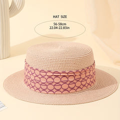 Pink Ribbon Decor Straw Hat Flat Top Jazz Sun Hat