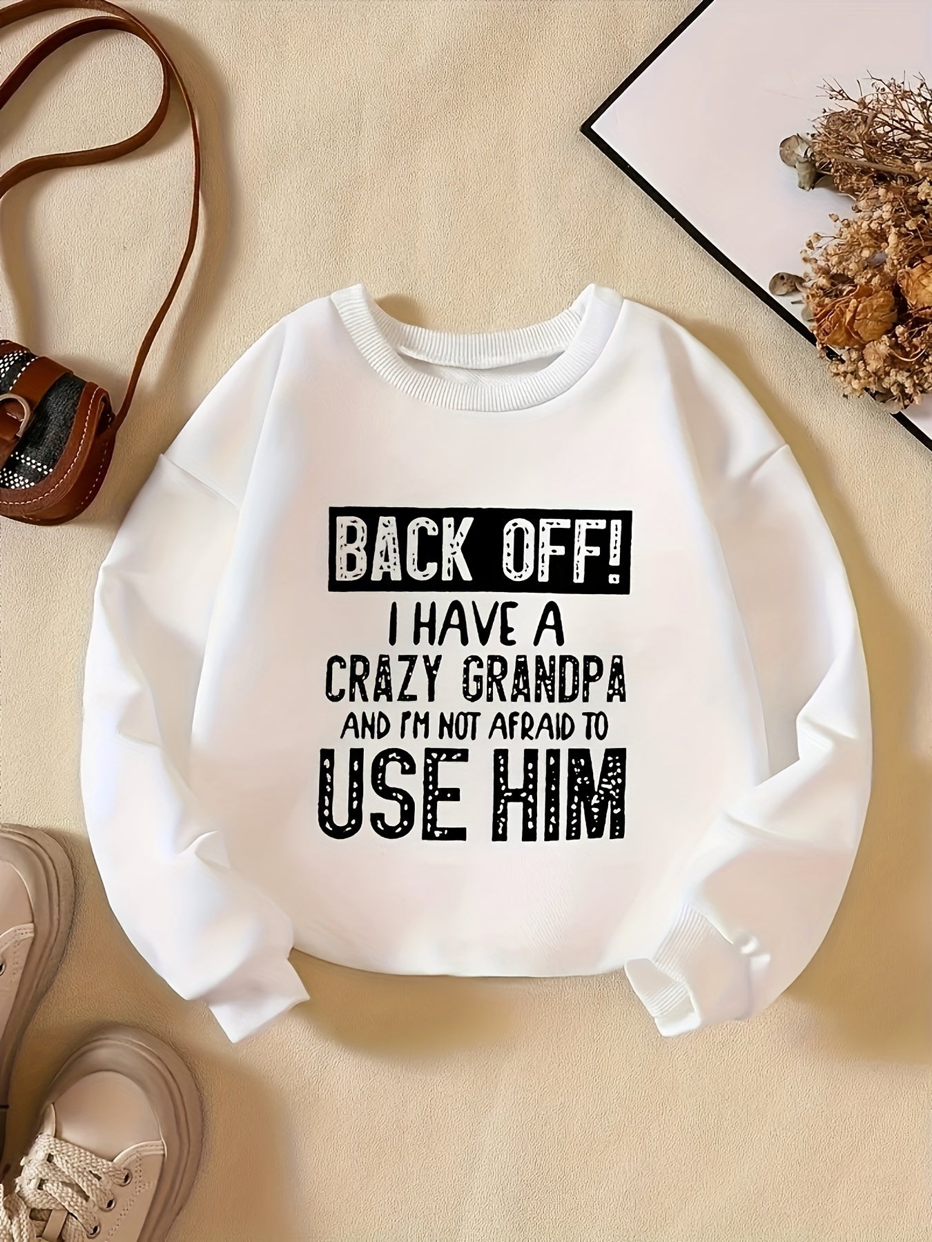 Girls Crazy Grandpa Print Round Neck Sweatshirt Pullovers