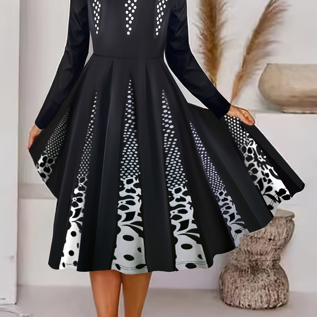  Floral Print Long Sleeve Round Neck Midi Dress