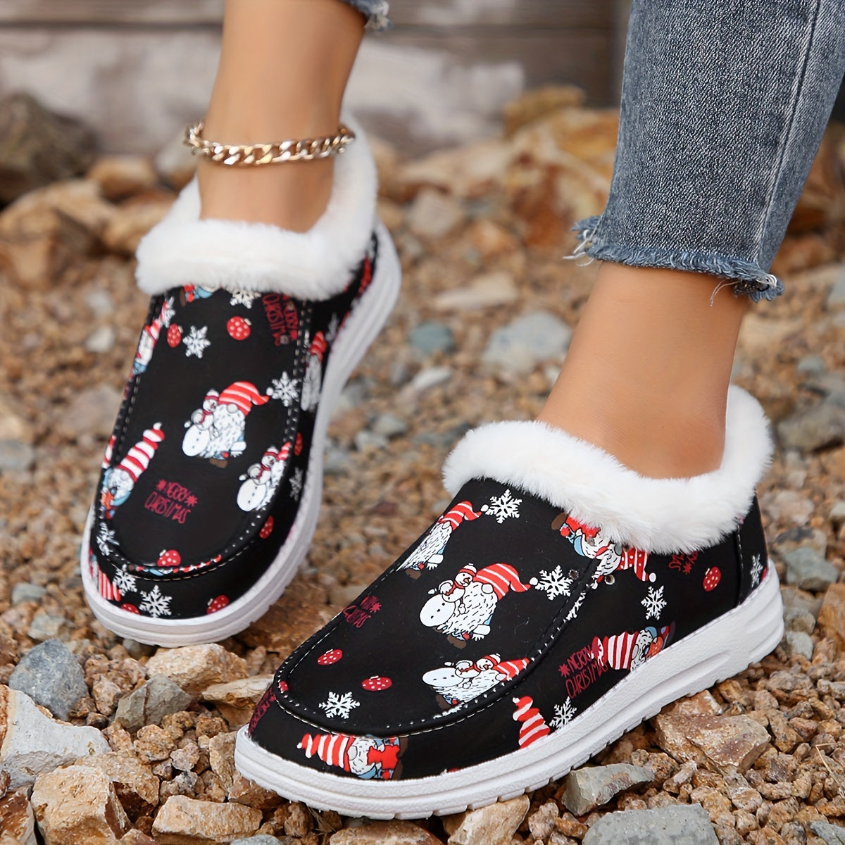 Christmas Print Fluffy Skate Shoes for Women