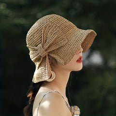 Vintage Crochet Bucket Hat with Bowknot Foldable UV Protection