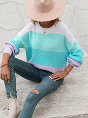  Colorblock Lantern Sleeve Round Neck Sweater
