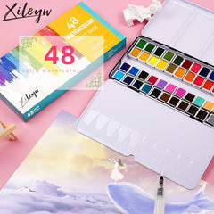 Xileyw 48 Colors Watercolor Paint Set with 6 Metallic Colors Water Brushes