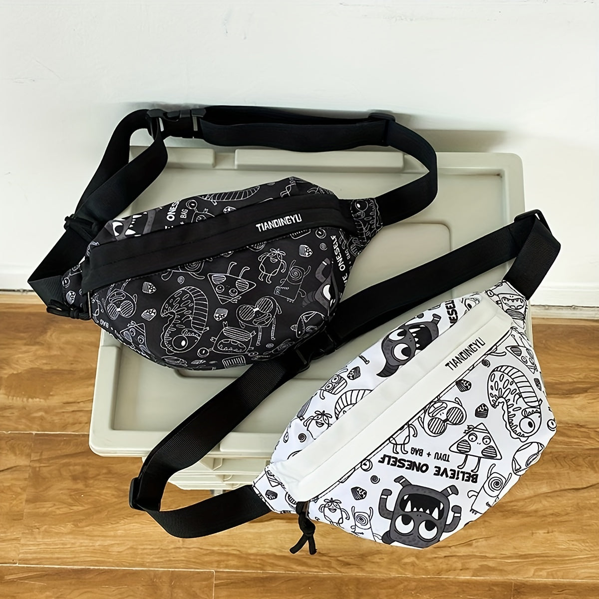 Cartoon Print Chest Bag Graffiti Pattern Canvas Sling Bag