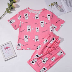 Cat Print Pajama Set Short Sleeve Top & Pants Women's Sleepwear