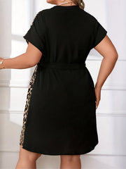  Colorblock Leopard Print Short Sleeve Dress
