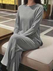  Lounge Set Women's Solid Round Neck Ribbed Knit Top & Pants Pajamas