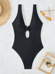 Hollow Out One Piece Swimsuit High Cut Deep V Neck Bathing Suit