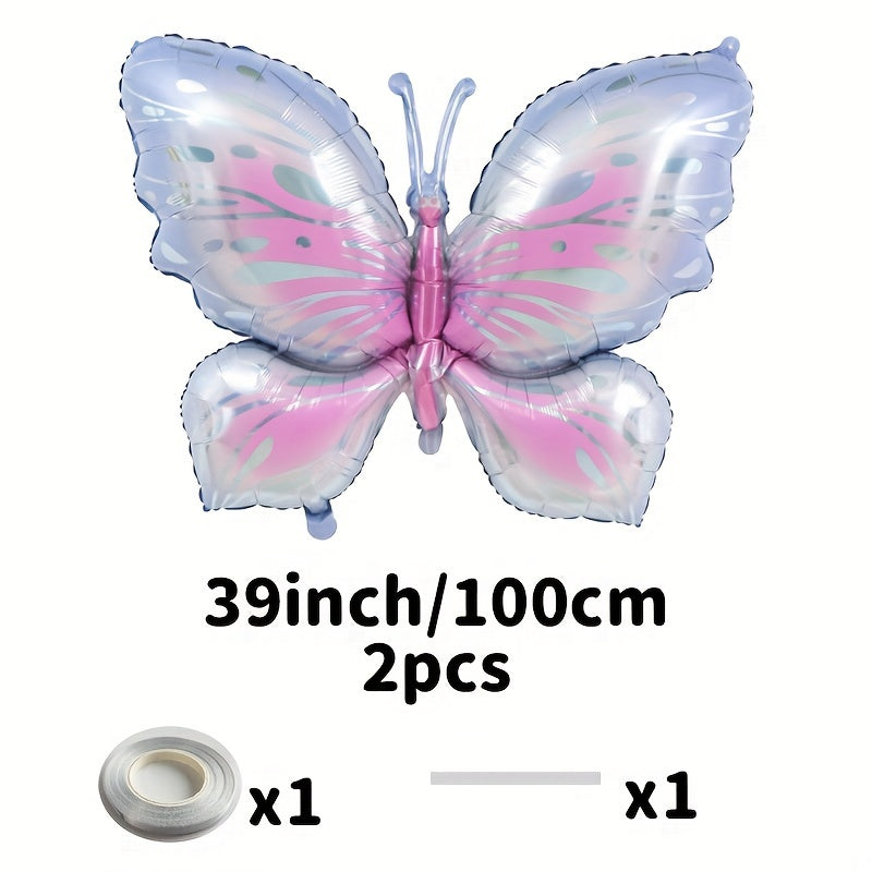 2pcs Butterfly Aluminum Film Balloon Set with Ribbon Straw