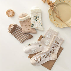5 Pairs Floral & Bunny Print Ruffle Socks Women's Stockings