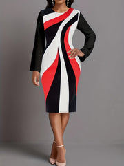  Colorblock Geometric Print Round Neck Dress