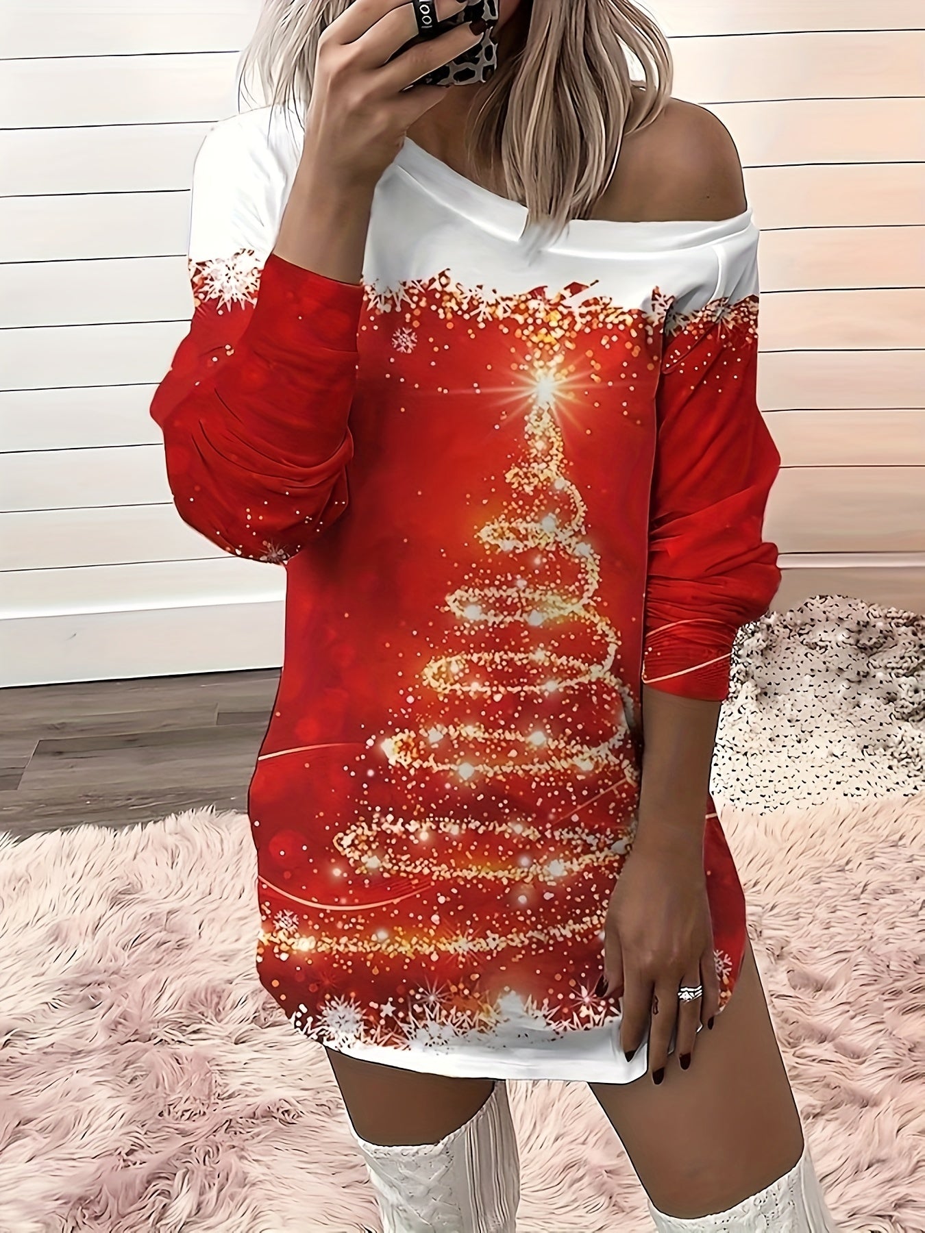 Glitter Christmas Tree One Shoulder Mini Dress