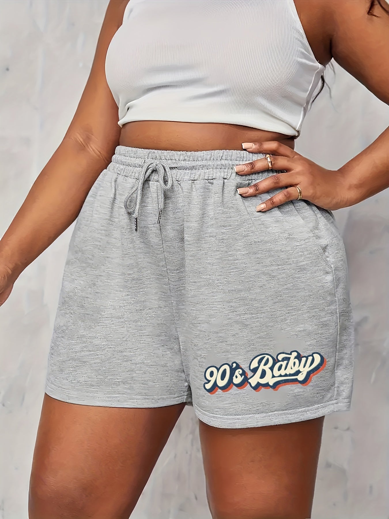  Casual Shorts Women's Plus Letter Print Elastic Drawstring