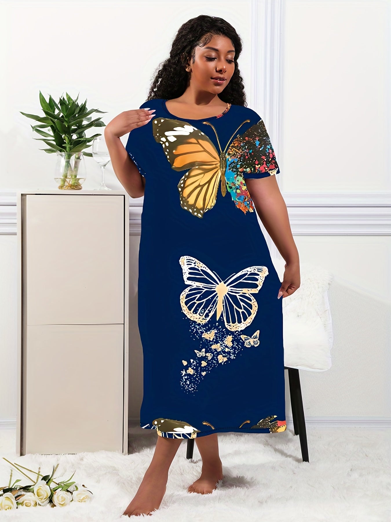  Butterfly Print Short Sleeve Casual Lounge Dress
