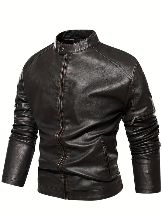PU Biker Jacket Men's Casual Zip Up Stand Collar Faux Leather Jacket