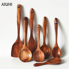 7pcs Teak Wooden Spoons Kitchen Utensils Set