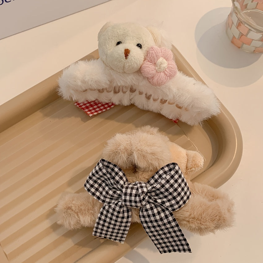 2pcs Plush Bear Hair Claw Clip Big Bow Clip Headwear Hair Accessories