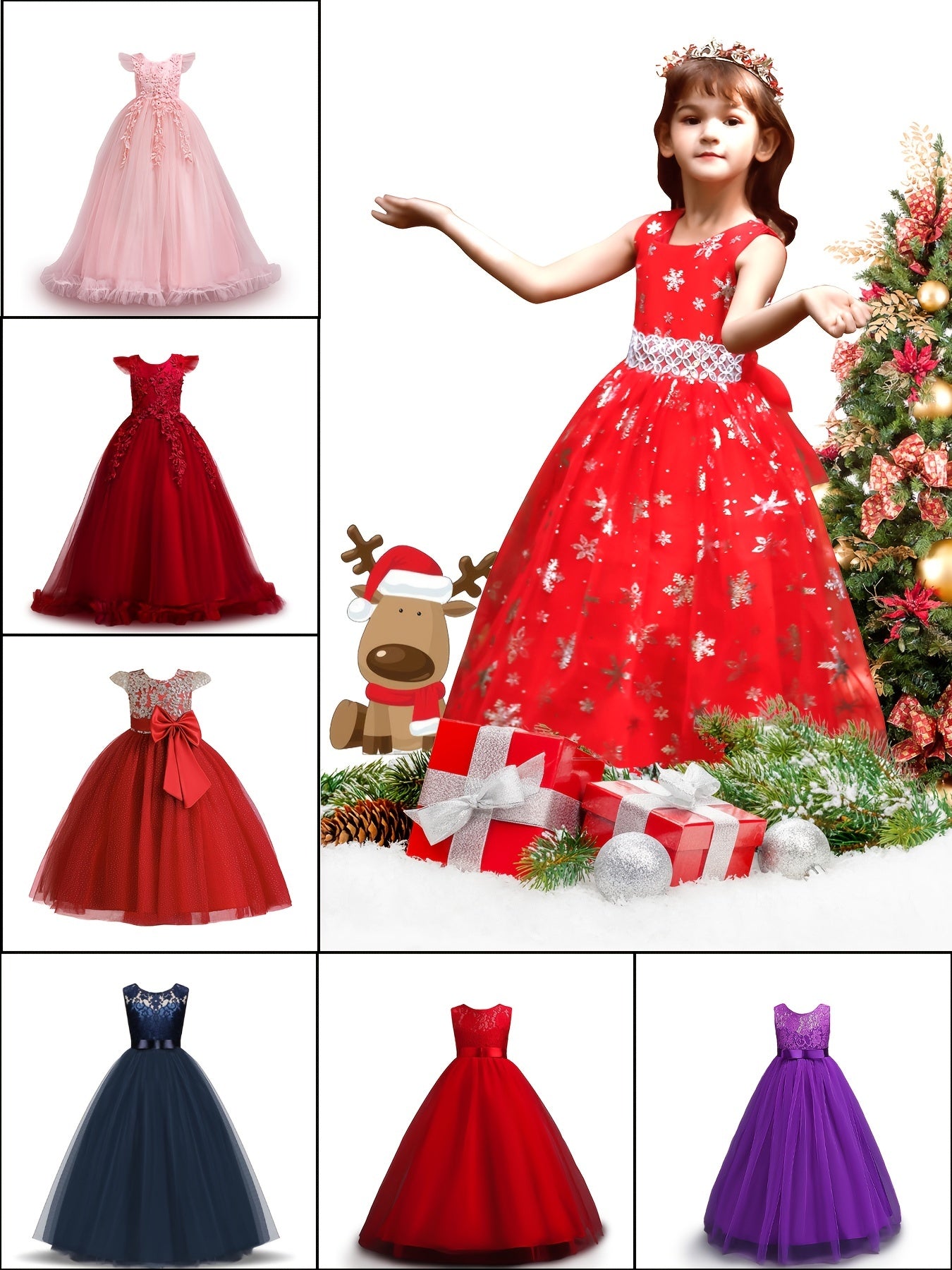 Girls Christmas Snow Graphic Mesh Tulle Maxi Dress