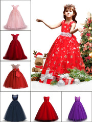 Girls Christmas Snow Graphic Mesh Tulle Maxi Dress