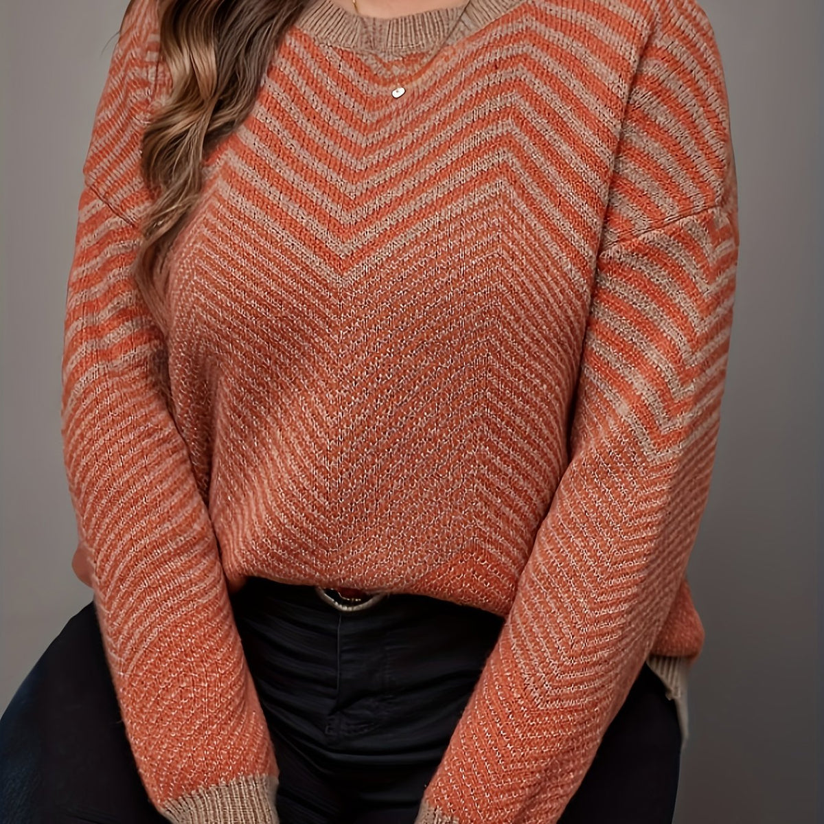  Casual Stripe Print Sweater Long Sleeve Round Neck Jumper