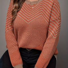  Casual Stripe Print Sweater Long Sleeve Round Neck Jumper