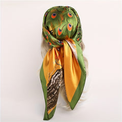 Peacock Print Bandana Classic Satin Square Scarf Vintage Shawl Women