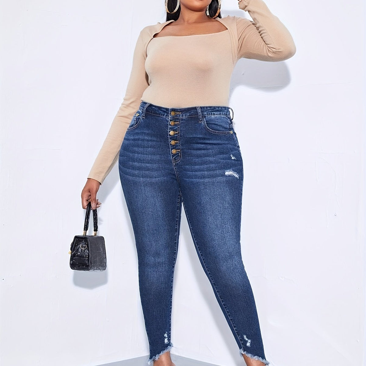  Washed Ripped Fringe High Stretch Jeans