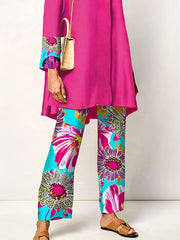  Colorblock Floral Print Blouse & Pants Set