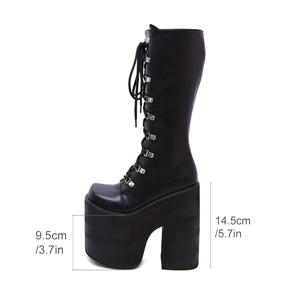 Y2K Side Zipper Platform Boots Closed Toe Lace Up Long Boots