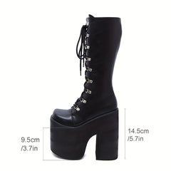 Y2K Side Zipper Platform Boots Closed Toe Lace Up Long Boots