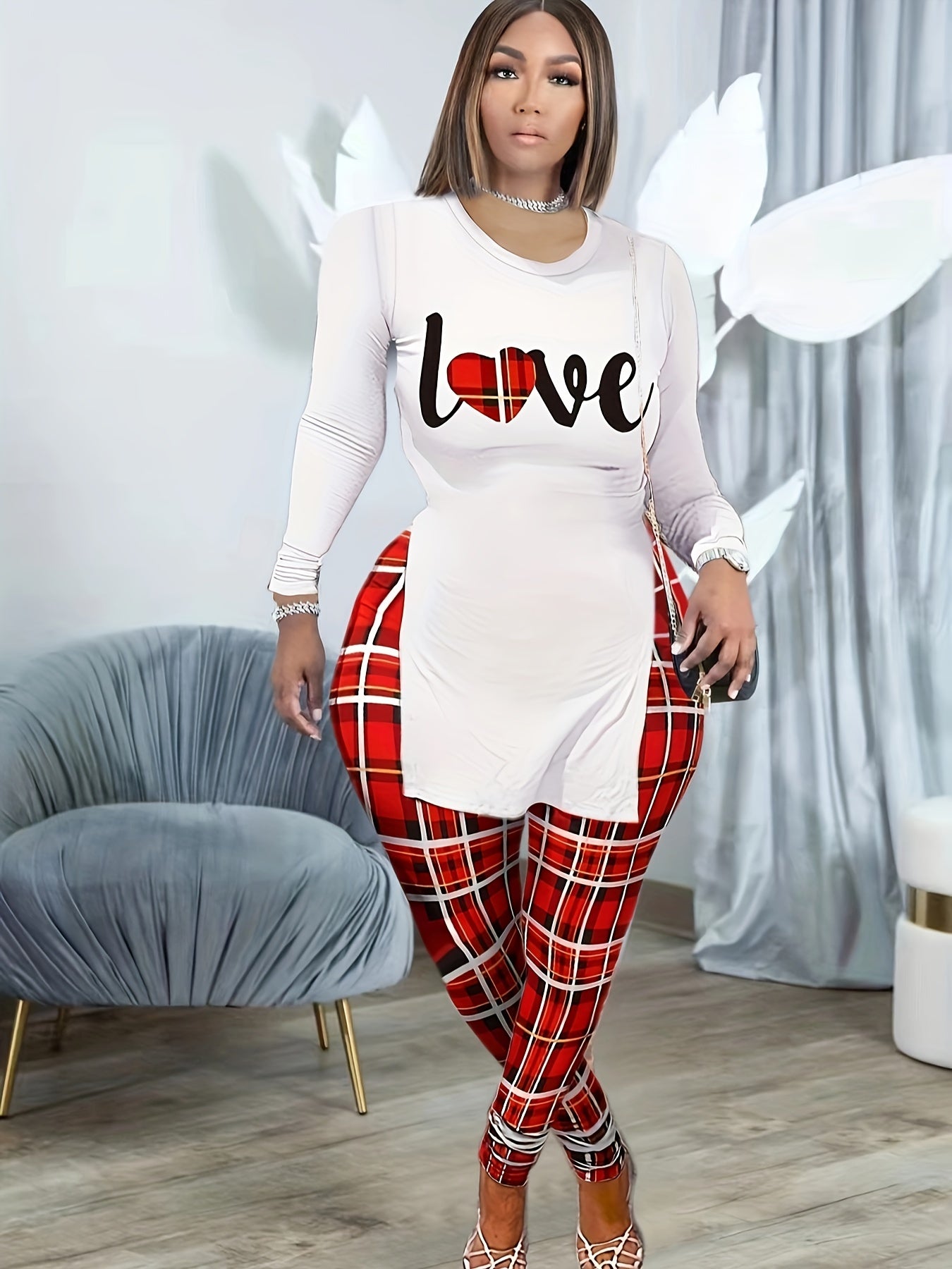  Plaid Heart & Letter Print Top & Leggings Set